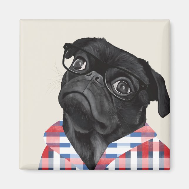 Cute Black Pug-Hund med glas och checkar in skift Magnet (Framsidan)