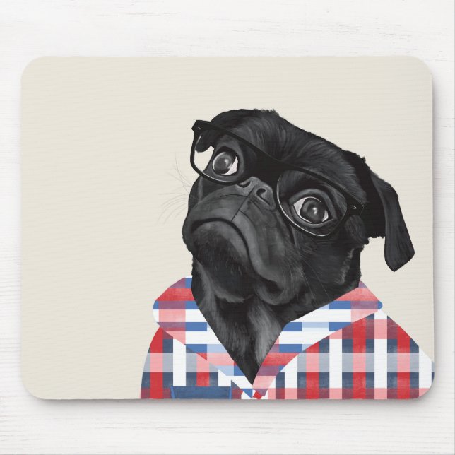 Cute Black Pug-Hund med glas och checkar in skift Musmatta (Framsidan)