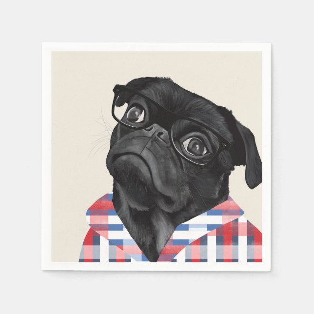 Cute Black Pug-Hund med glas och checkar in skift Pappersservett (Framsidan)