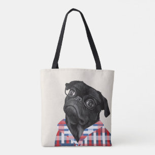 Cute Black Pug-Hund med glas och checkar in skift Tygkasse
