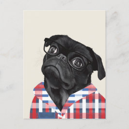 Cute Black Pug-Hund med glas och checkar in skift Vykort