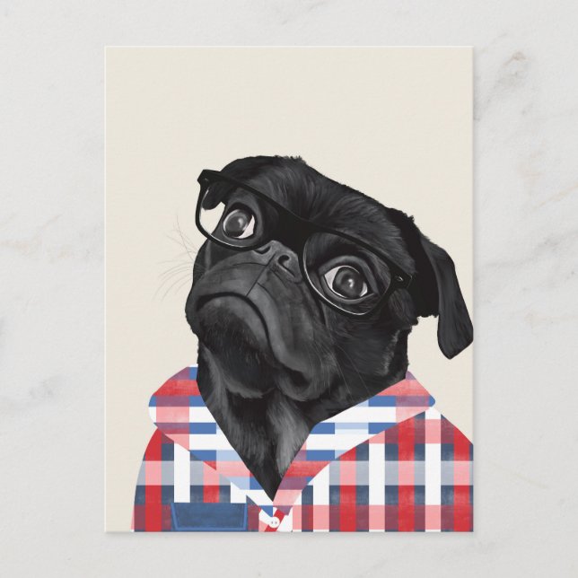Cute Black Pug-Hund med glas och checkar in skift Vykort (Framsida)