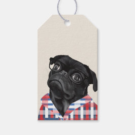 Cute Black Pug-Hund med glas och Märkre Presentetikett
