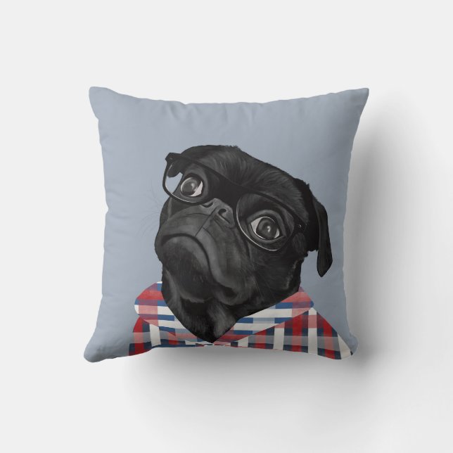 Cute Black Pug med glas och skikt Kudde (Baksida)