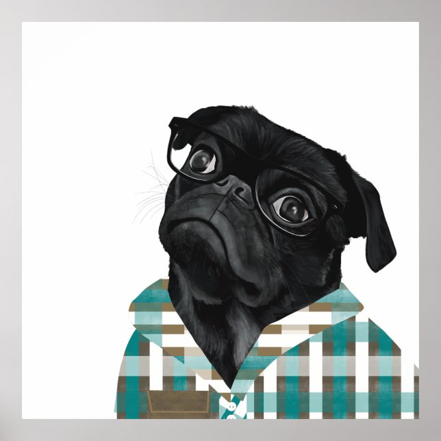 Cute Black Pug med glasögon och checkar in skift Poster (Framsidan)