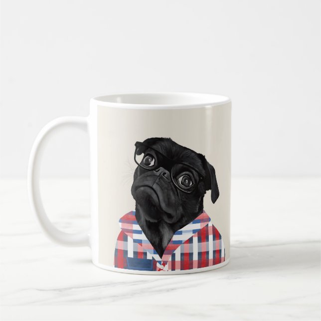 Cute Black Pug med glasögon och Shirt Kaffemugg (Vänster)