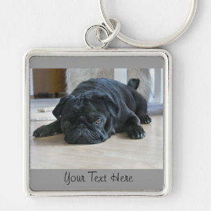 Cute Black Pug Puppy Keychain Fyrkantig Silverfärgad Nyckelring