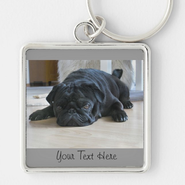 Cute Black Pug Puppy Keychain Fyrkantig Silverfärgad Nyckelring (Framsidan)