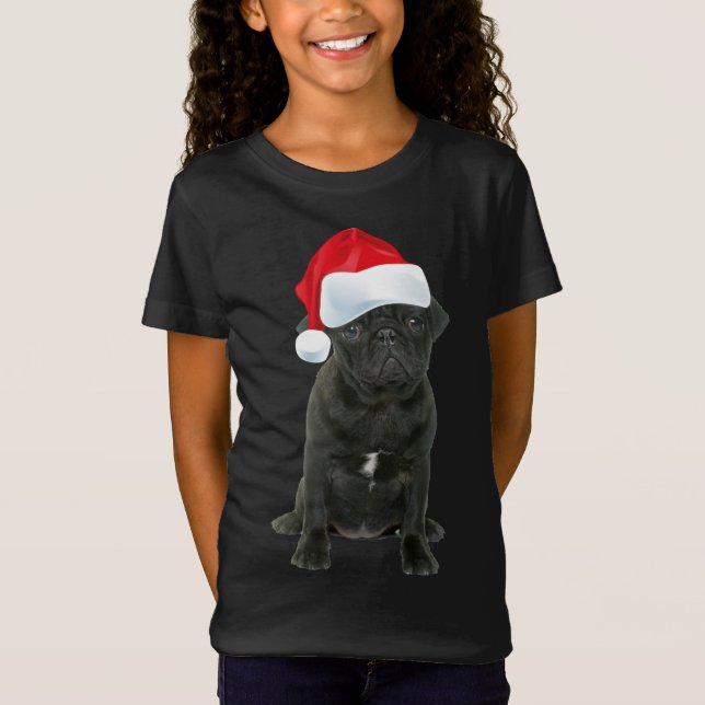 Cute Black Pug Santa Hat Funny Matchande jul T Shirt (Framsida)