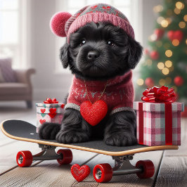 Cute Black Puppy på Skateboard Funny Valentine Julkort