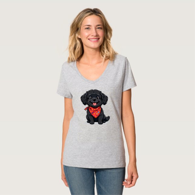 Cute Black Puppy Wed a Red Bandana T Shirt (Hel framsida)
