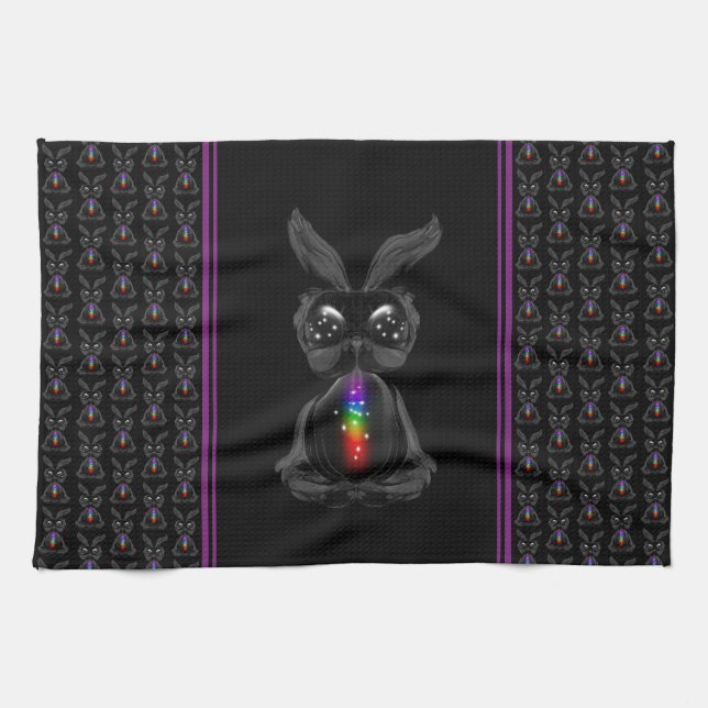 Cute Black Rabbit med Chakra Rainbow Soul Kökshandduk (Horisontell)