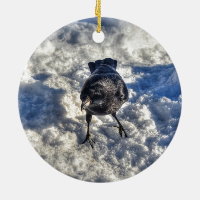 Cute Black Raven i Snö Photo Julgransprydnad Keramik (Baksidan)