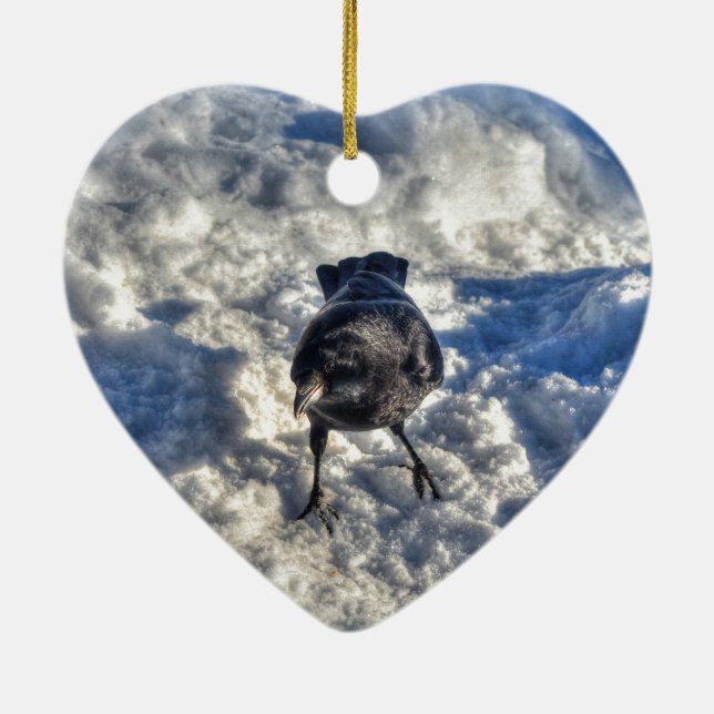 Cute Black Raven i Snö Photo Julgransprydnad Keramik (Baksidan)