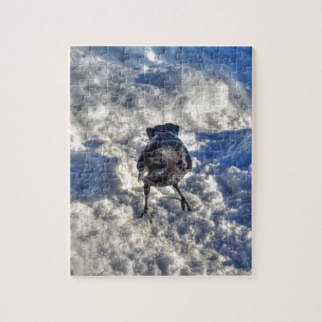 Cute Black Raven i Snö Photo Pussel (Vertikal)