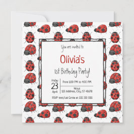 Cute Black Red Ladybug Mönster 1:a födelsedagen Pa Inbjudningar