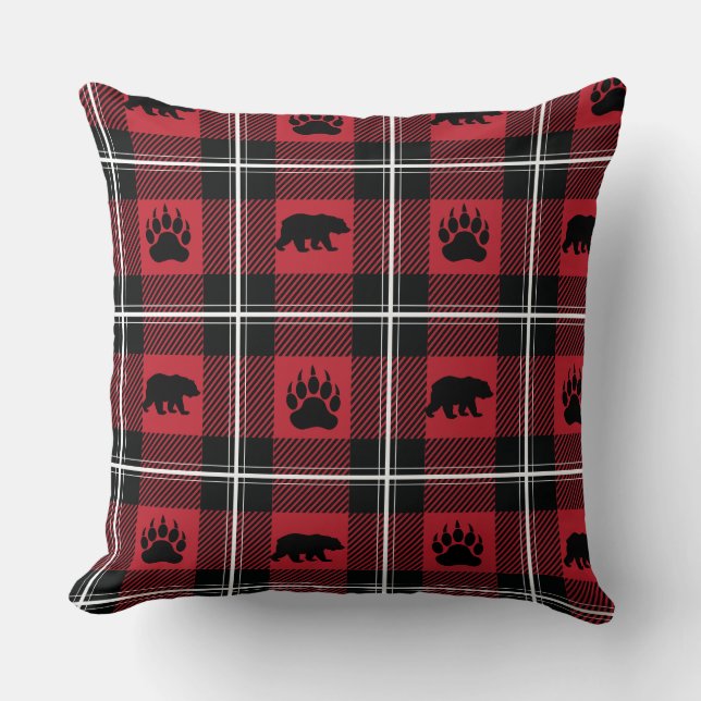 Cute Black Red & White Bear och Tass Flanals Kudde (Framsida)