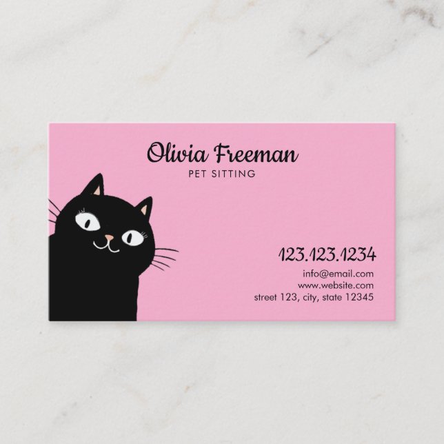 Cute Black & Rosa Cat Illustration Pet Sitta Visitkort (Framsida)
