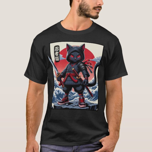 Cute Black Samurai Cat T Shirt (Framsida)