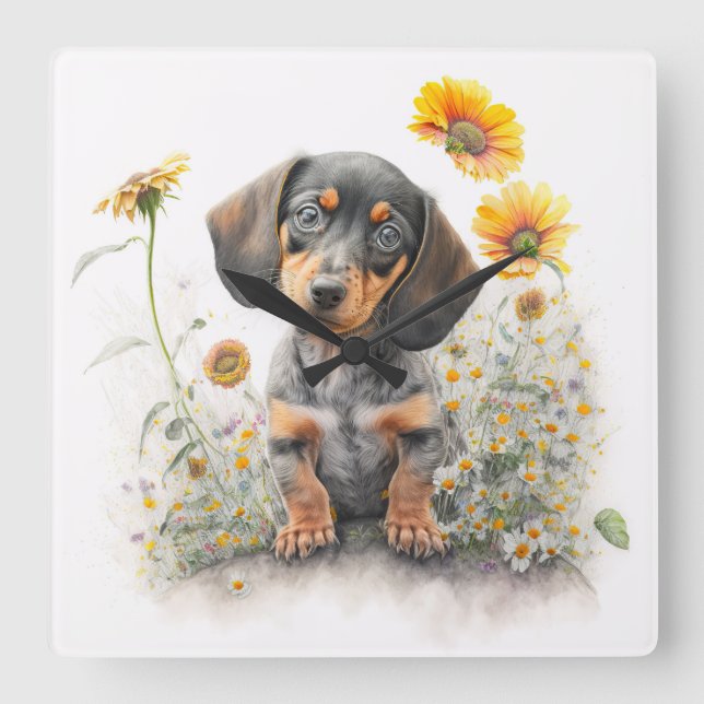 CUTE BLACK & TAN KORT HAIRED DACHSHUND HUND FYRKANTIG KLOCKA (Framsida)