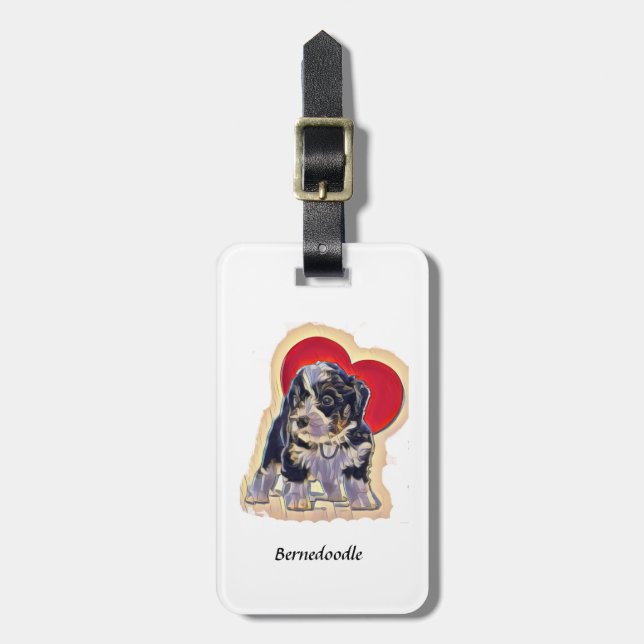 Cute Black Tan PopArt Bernedoodle Digital Heart Bagagebricka (Vertikal Framsida)