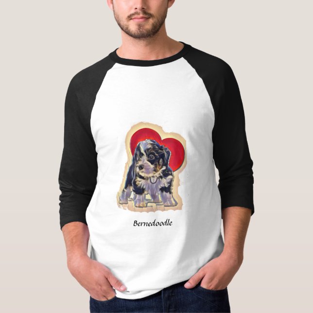 Cute Black Tan PopArt Bernedoodle Digital Heart T Shirt (Framsida)