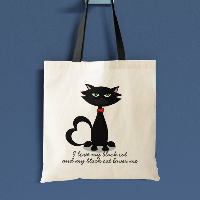 Cute Black Tecknad Cat Mamma Namn Tote Bag Tygkasse (Fun tote bag for the black cat lover. You can add your own text)