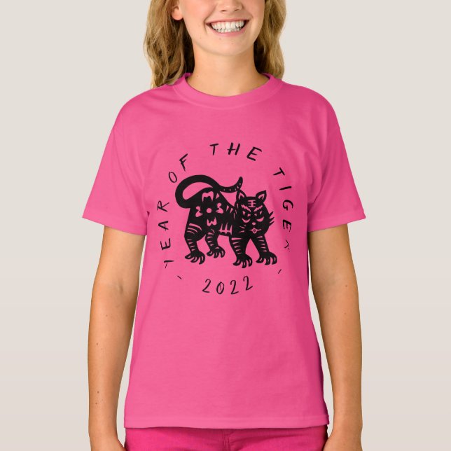 Cute Black Tiger papper-cut Chinese Year Girl Tee (Framsida)