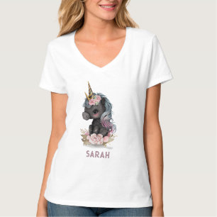 Cute Black Unicorn med Flowers Watercolor Unicorn T Shirt
