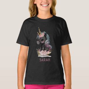 Cute Black Unicorn med Flowers Watercolor Unicorn T Shirt
