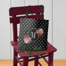 Cute Black Vintage Flowers Polka dots Monogram