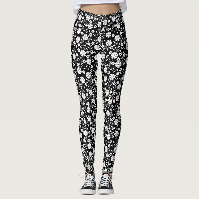Cute Black white blommor mönster Leggings (Framsida)