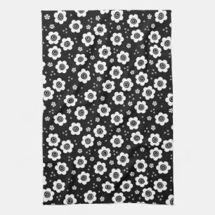 Cute Black white blommor Towel Kökshandduk