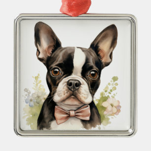 CUTE BLACK & WHITE BOSTON TERRIER HUND JULGRANSPRYDNAD METALL
