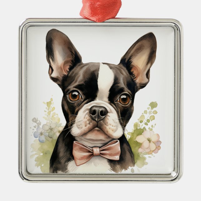 CUTE BLACK & WHITE BOSTON TERRIER HUND JULGRANSPRYDNAD METALL (Framsidan)