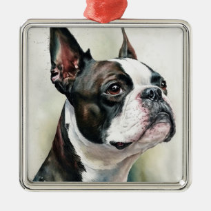 CUTE BLACK & WHITE BOSTON TERRIER HUND JULGRANSPRYDNAD METALL