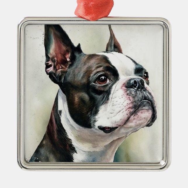 CUTE BLACK & WHITE BOSTON TERRIER HUND JULGRANSPRYDNAD METALL (Framsidan)