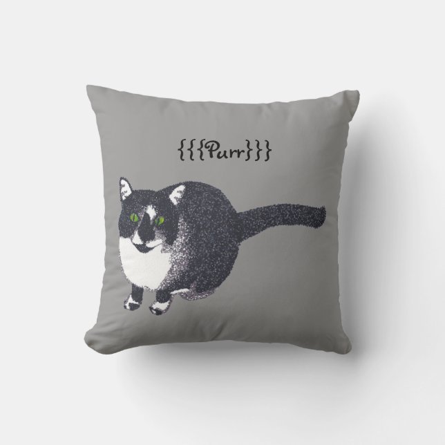 Cute Black White Cat in Pointillism Purr Pillows Kudde (Framsida)