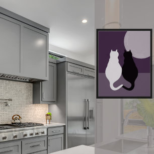 Cute Black & White Cat Pair Lila-Blue Night Poster