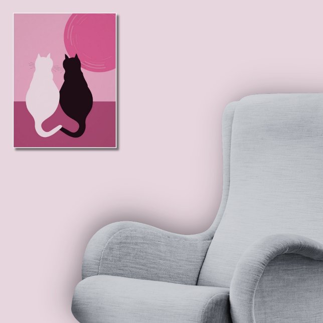 Cute Black & White Cat Pair vid Rosa Sunset Poster (Cute Black & White Cat Pair At Pink Sunset Poster, Reading Corner)