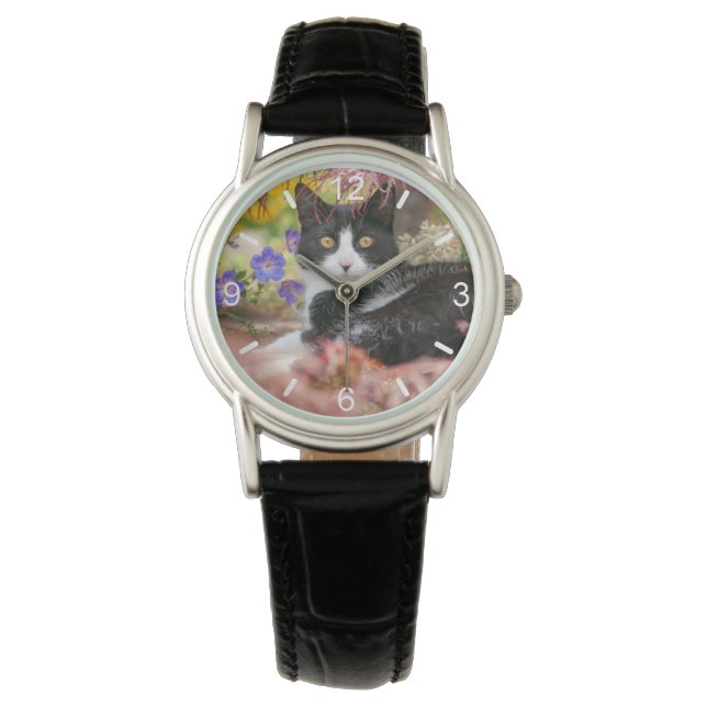 Cute Black White Cat Rester under en Maple Träd - Armbandsur (Framsida)