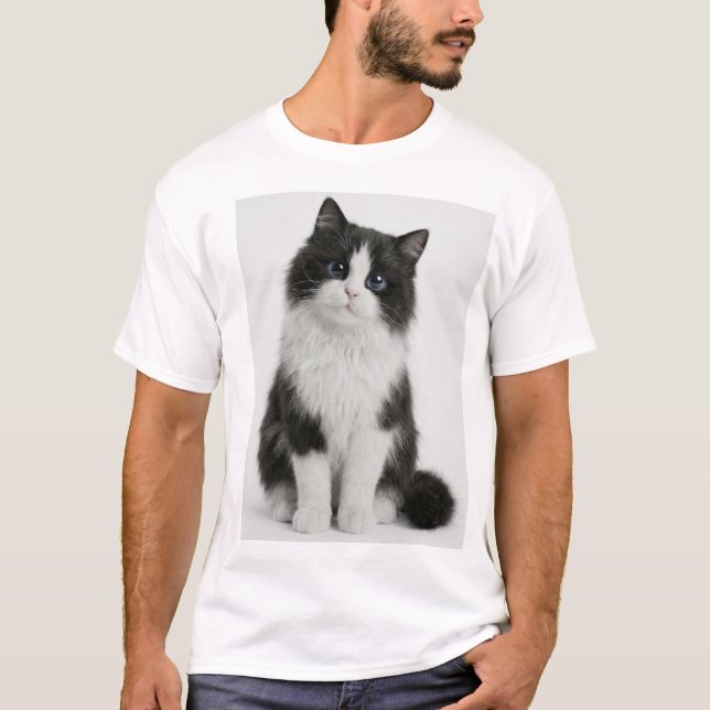 Cute Black White Cat T-Shirt | Fluffy Cat Lover Te (Framsida)