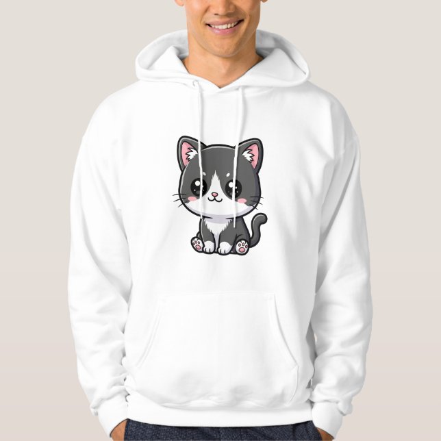 Cute Black White Chibi Kitten Hoodie (Framsida)