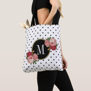 Cute Black White Dots Vintage Flowers Monogram Tygkasse