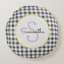 Cute Black & White Gingham Personlig Monogram Rund Kudde
