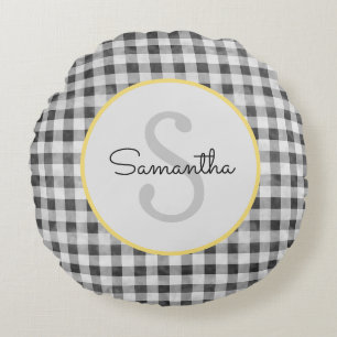 Cute Black & White Gingham Personlig Monogram Rund Kudde