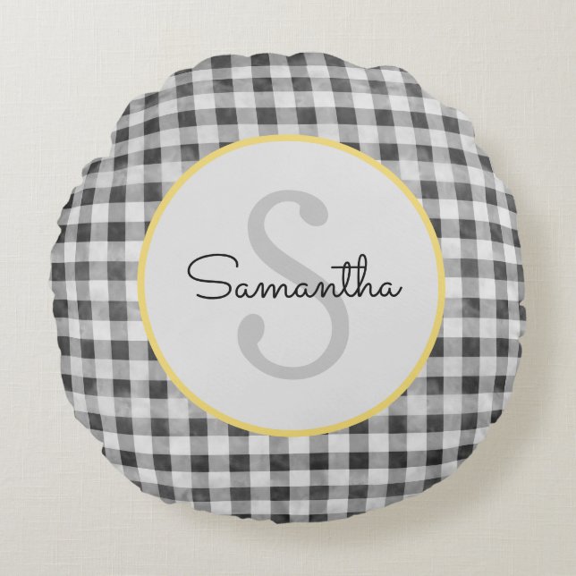 Cute Black & White Gingham Personlig Monogram Rund Kudde (Framsidan)
