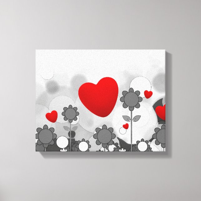 Cute Black/White/Grått Flowers w/Big Red Heart Canvastryck (Framsida)
