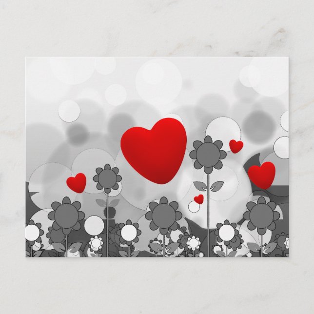 Cute Black/White/Grått Flowers w/Big Red Heart Vykort (Framsida)