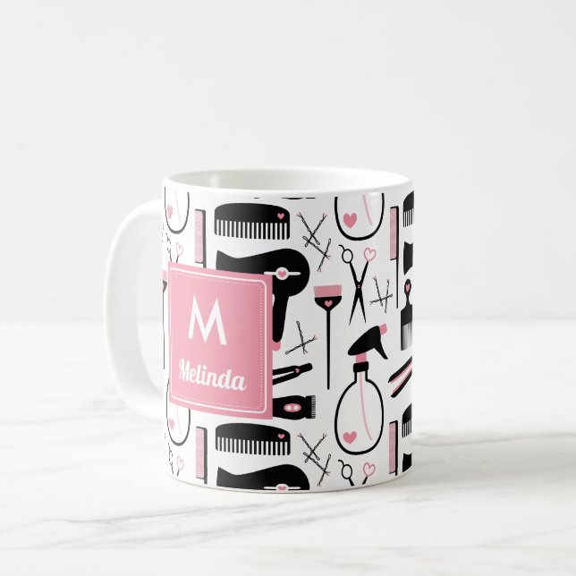 Cute Black White Hair Stylist Mönster Monogram Kaffemugg (Framsida vänster)